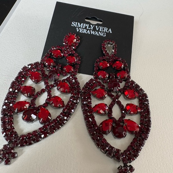 SIMPLY VERA WANG RED RHINESTONES CHANDELIER TEAR DROP EARRINGS (New With Defect) - Picture 3 of 4